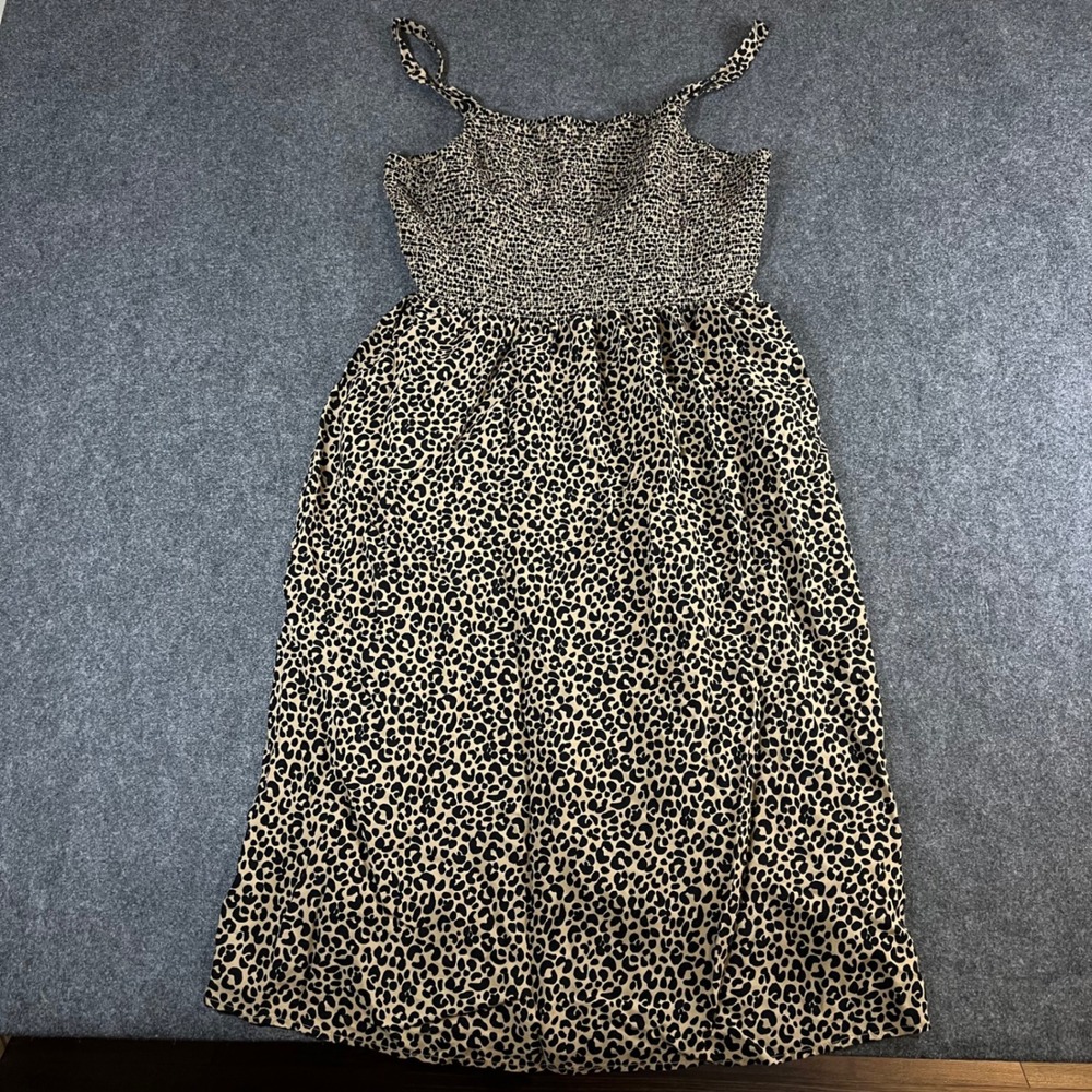 Old Navy XL Leopard Print Smocked Midi Dress Tan Black Animal Print Sleeveless